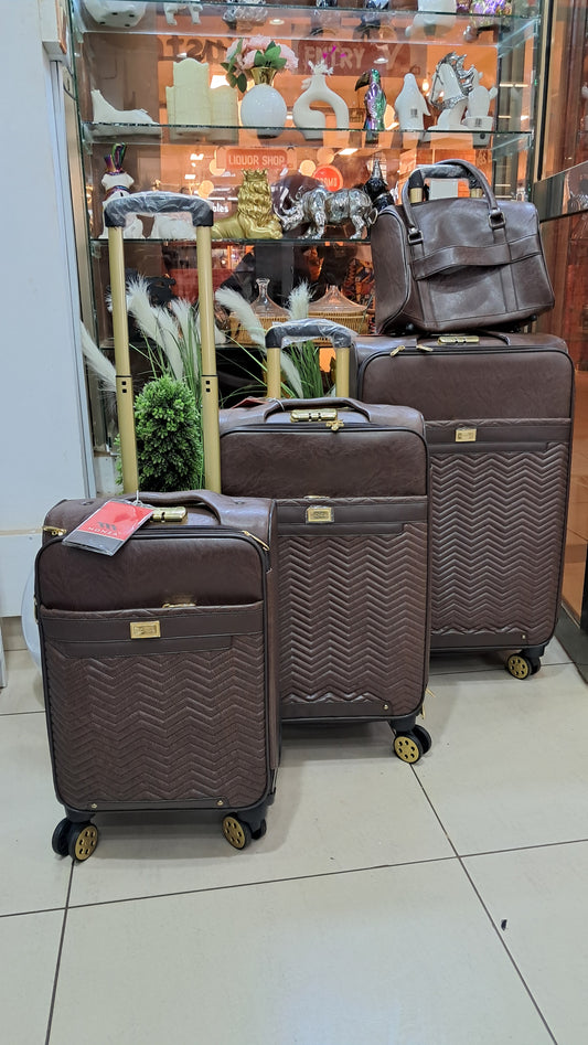 Brown Leather Travel Bag Set - 4 Pieces