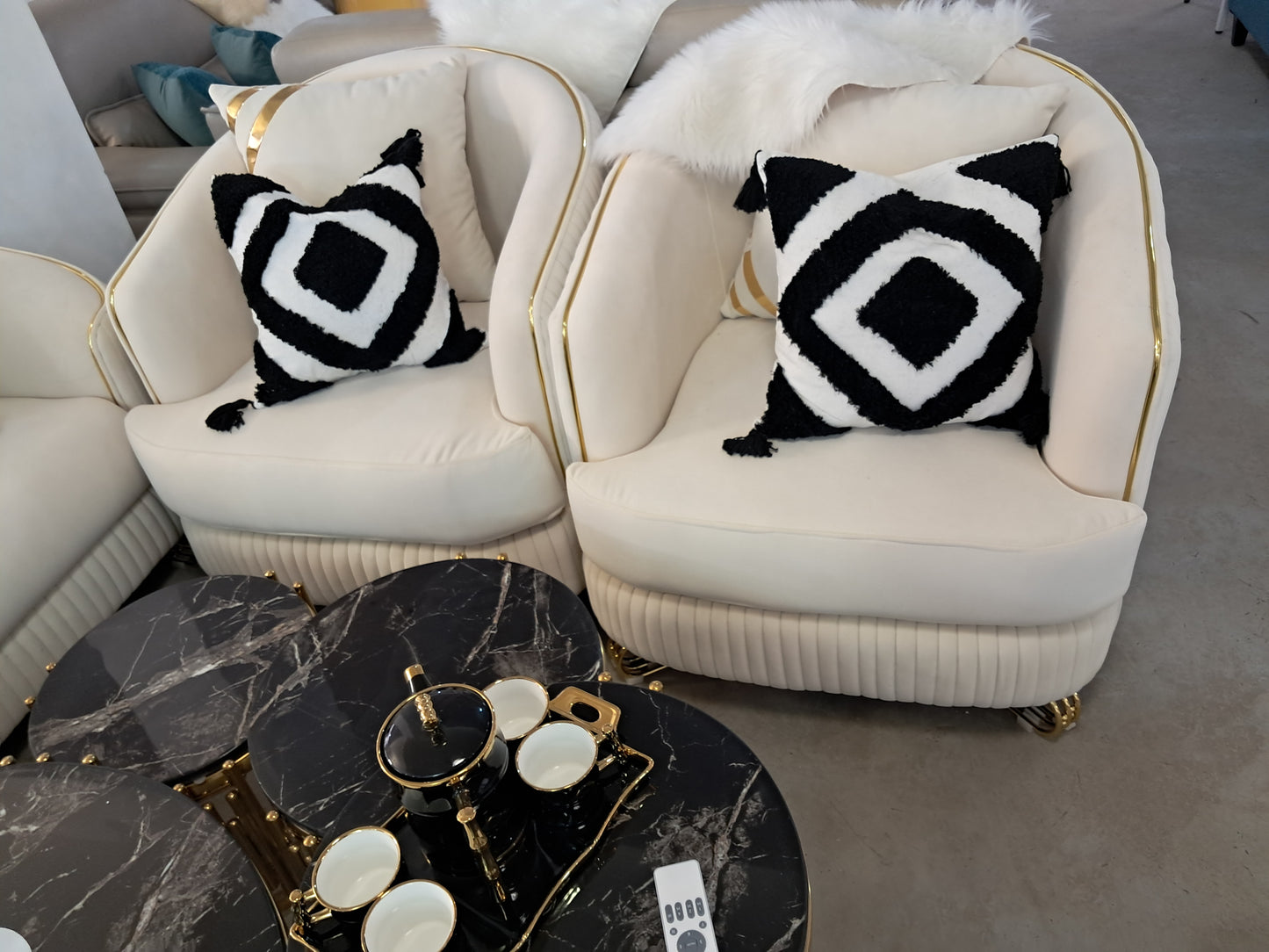 White Gold Detail Sofa Set