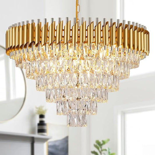 Luxury Gold Crystal Chandelier - Modern 30" Round 6-Tier Design