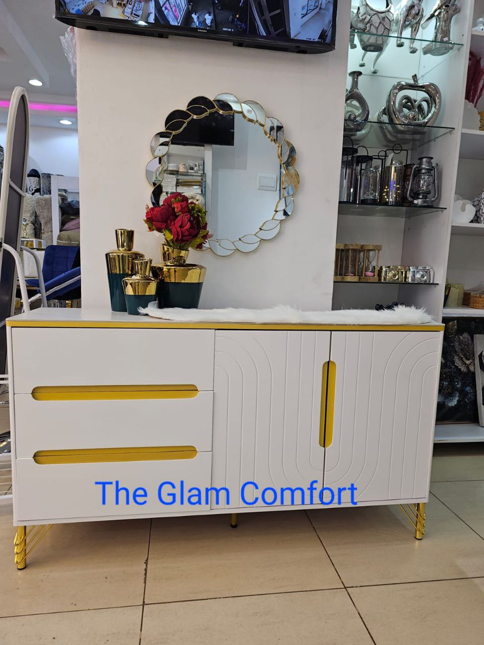 Marble-Top White and Gold Metal Base Console Table